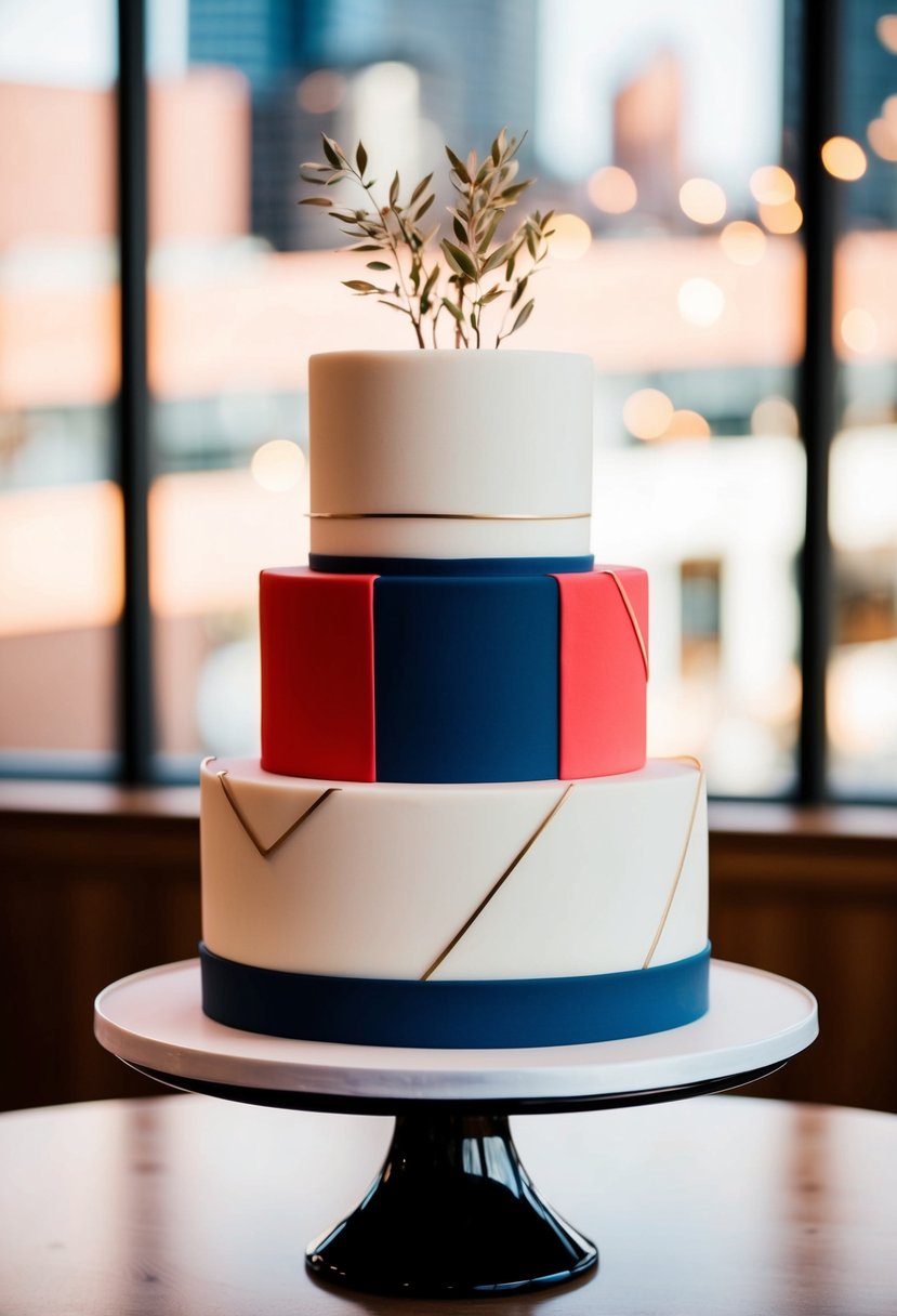 A two-tier wedding cake with modern geometric patterns in bold colors and clean lines