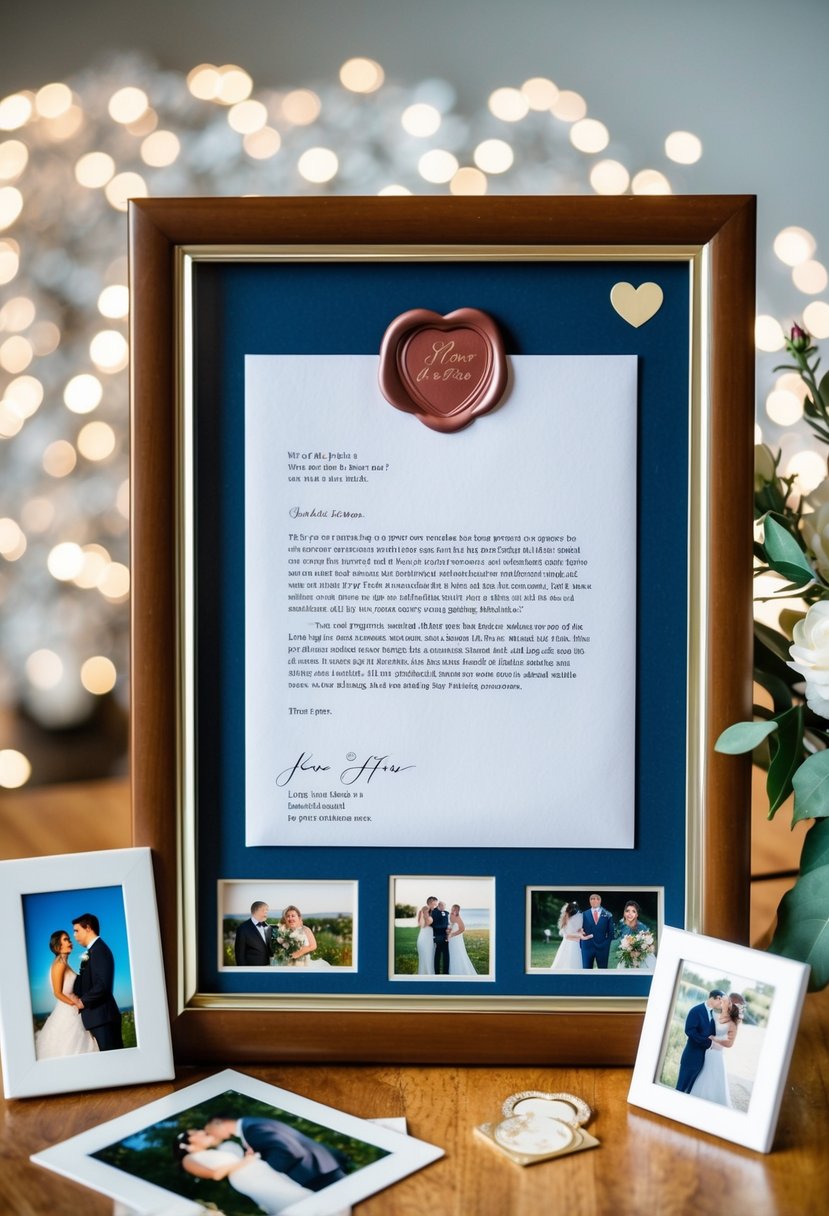 A love letter with a heart-shaped seal framed with wedding photos and anniversary memorabilia