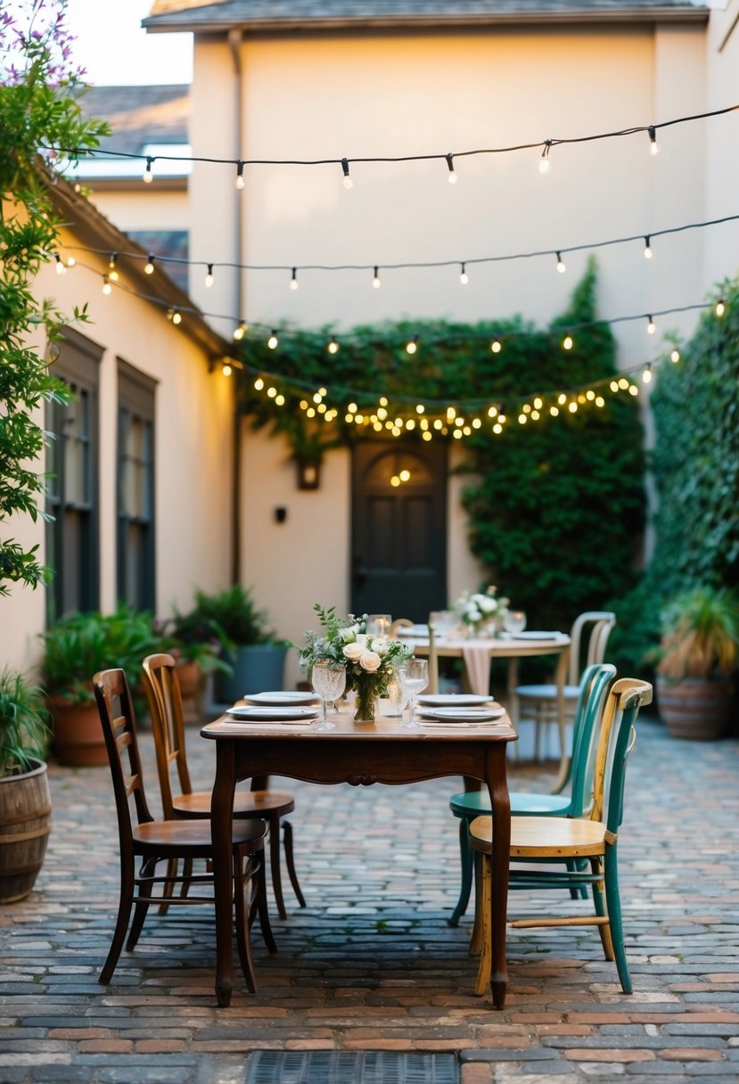 A cozy courtyard with string lights, a vintage table, and mismatched chairs set for a small reception after a courthouse wedding