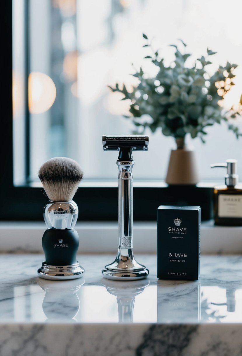 A sleek luxury shave kit displayed on a marble countertop with a polished silver razor, brush, and grooming products