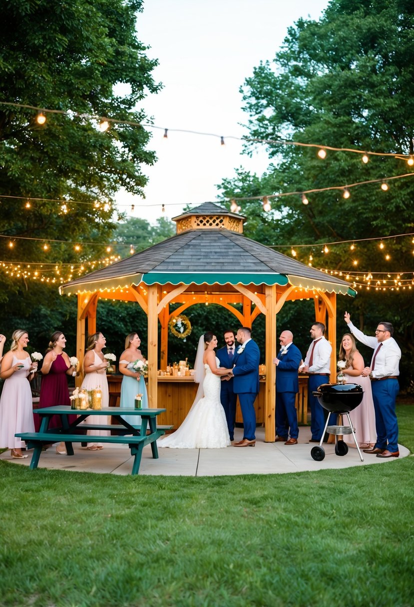 A backyard BBQ reception with a decorated gazebo, string lights, picnic tables, and a grill surrounded by happy guests celebrating a courthouse wedding