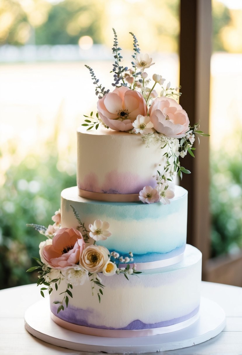 A two-tiered wedding cake with watercolor pastel hues, adorned with delicate floral decorations and topped with a cascade of sugar flowers