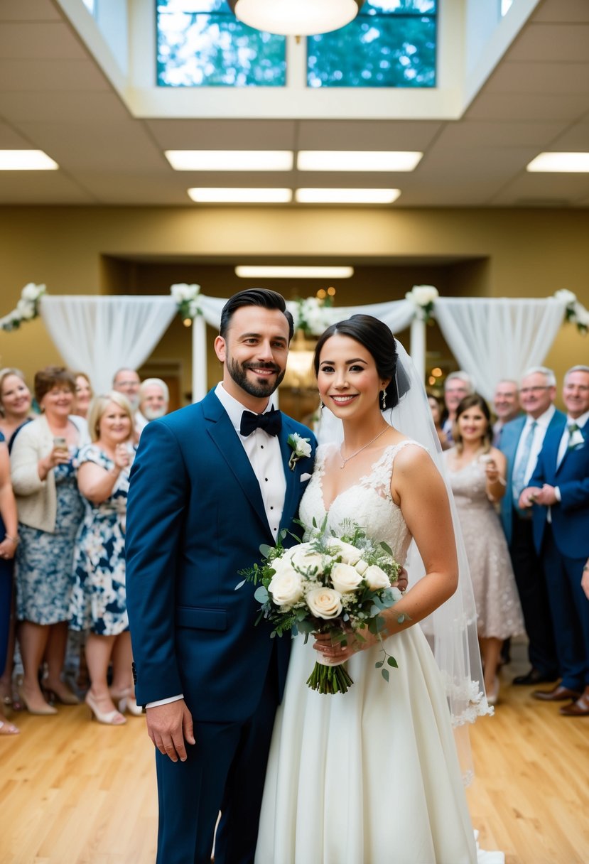 A newlywed couple stands in a decorated community center, surrounded by friends and family, celebrating their courthouse wedding with a reception