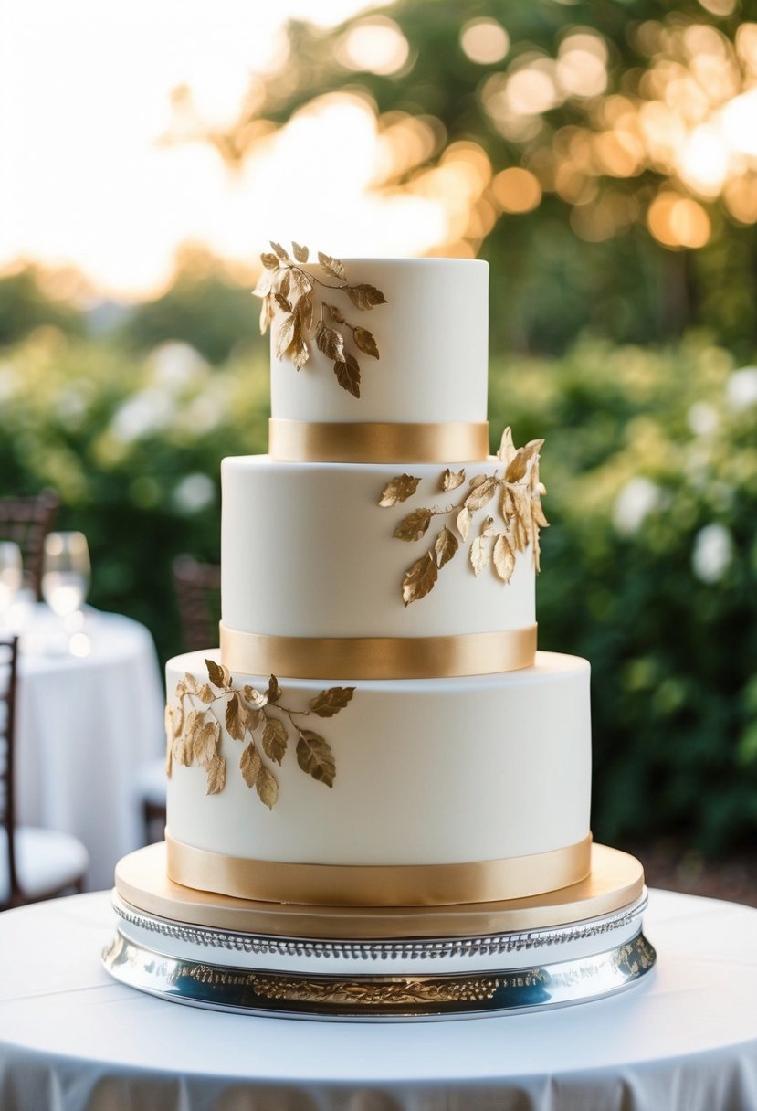 A two-tiered wedding cake with intricate gold leaf accents and delicate detailing