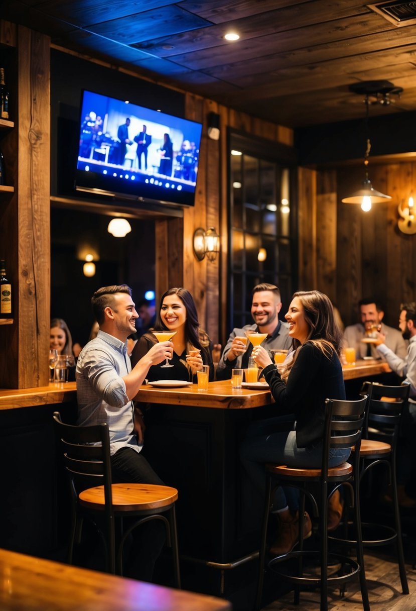 A cozy bar with dim lighting, rustic wooden decor, and a warm ambiance. A small stage is set up for live music, and couples are gathered around high-top tables, sipping cocktails and laughing