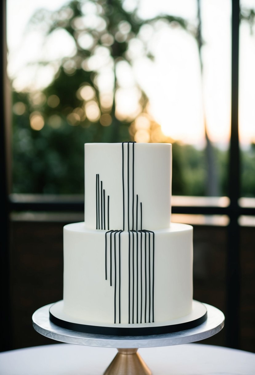 A two-tier wedding cake with clean lines and simple geometric shapes, adorned with minimalistic monochrome decorations