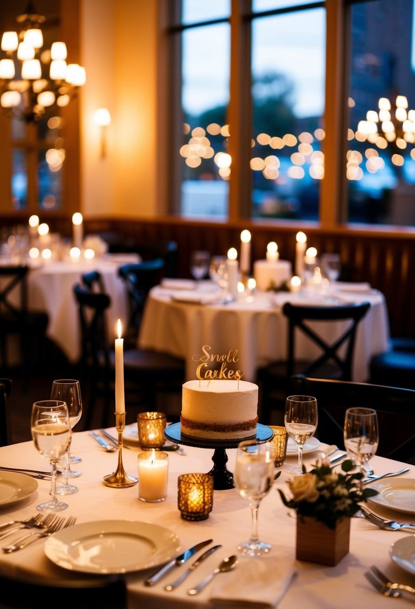 A cozy, candlelit restaurant reception with elegant table settings and a small wedding cake on display