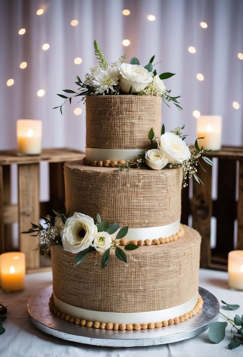 A two-tier rustic burlap wedding cake adorned with delicate flowers and greenery, set against a backdrop of vintage wooden crates and soft candlelight