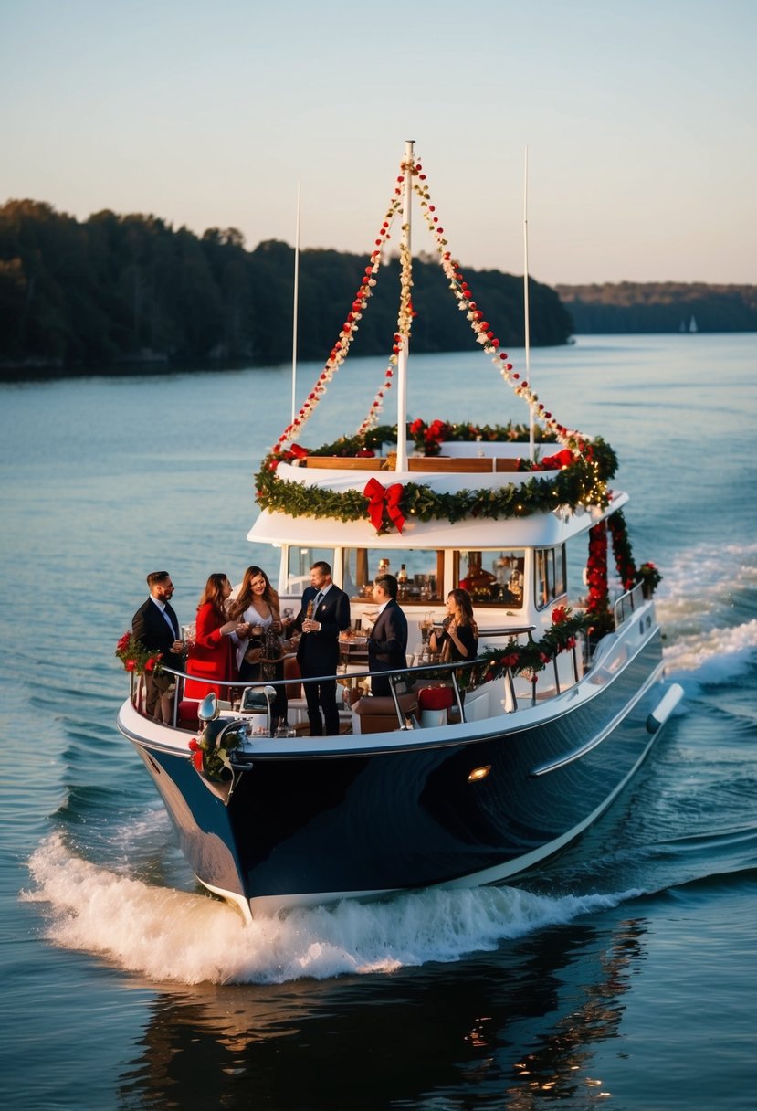 A boat adorned with festive decorations cruises on calm waters, with a group of friends gathered on the deck, enjoying drinks and conversation