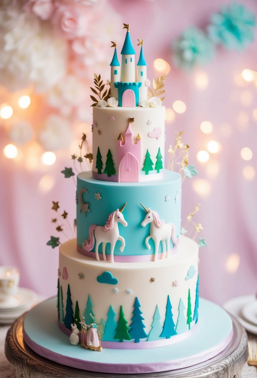 A whimsical two-tiered wedding cake adorned with fairy tale elements like castles, unicorns, and enchanted forests, set against a dreamy pastel backdrop