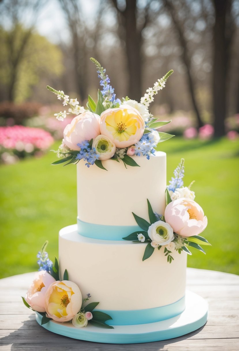 A two-tiered wedding cake adorned with spring garden flowers in pastel colors