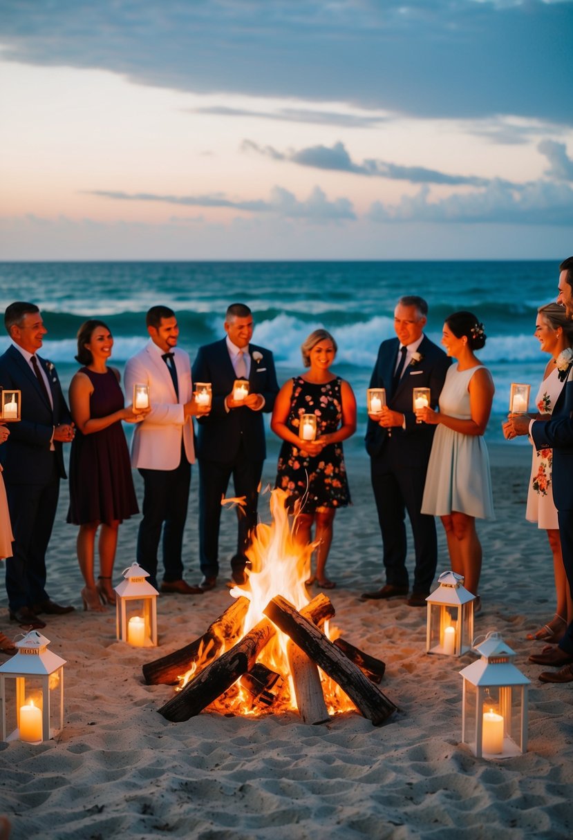 A beach bonfire glows warmly as guests gather around to celebrate a courthouse wedding. Lanterns illuminate the sandy shore, and the sound of crashing waves fills the air