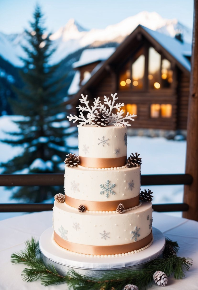 A two-tiered wedding cake adorned with snowflakes, pinecones, and frosted branches, set against a backdrop of snowy mountains and a cozy log cabin