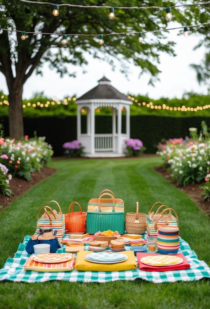 A colorful picnic spread on a lush green lawn, with a small gazebo in the background, surrounded by blooming flowers and twinkling string lights