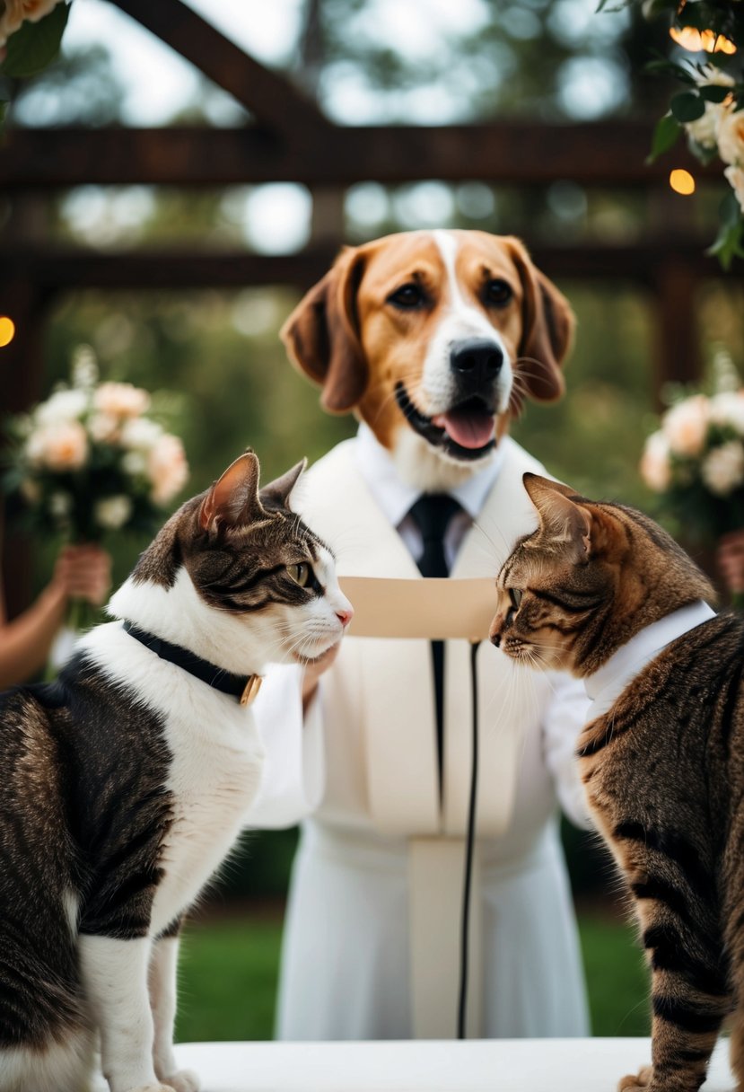 A dog officiating a wedding ceremony between two cats