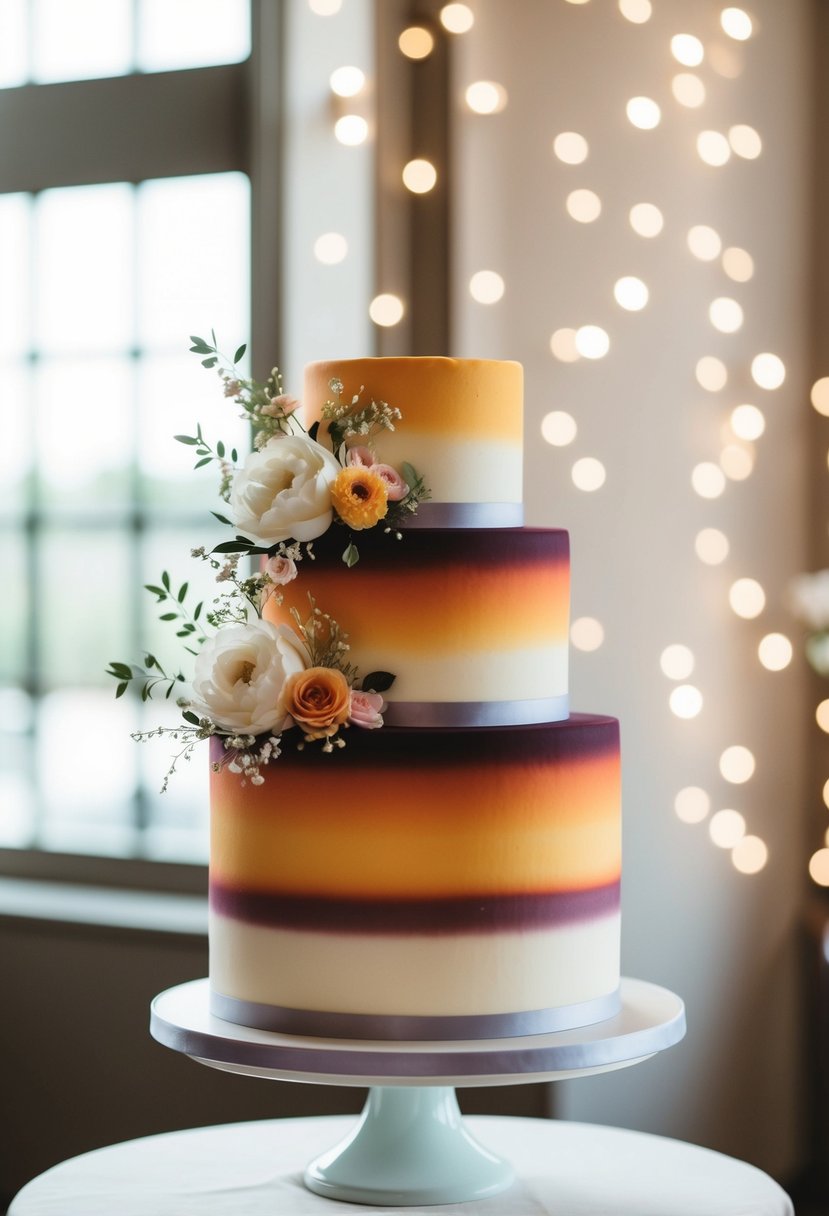 A two-tier wedding cake with bold and beautiful ombre coloring, adorned with delicate floral decorations