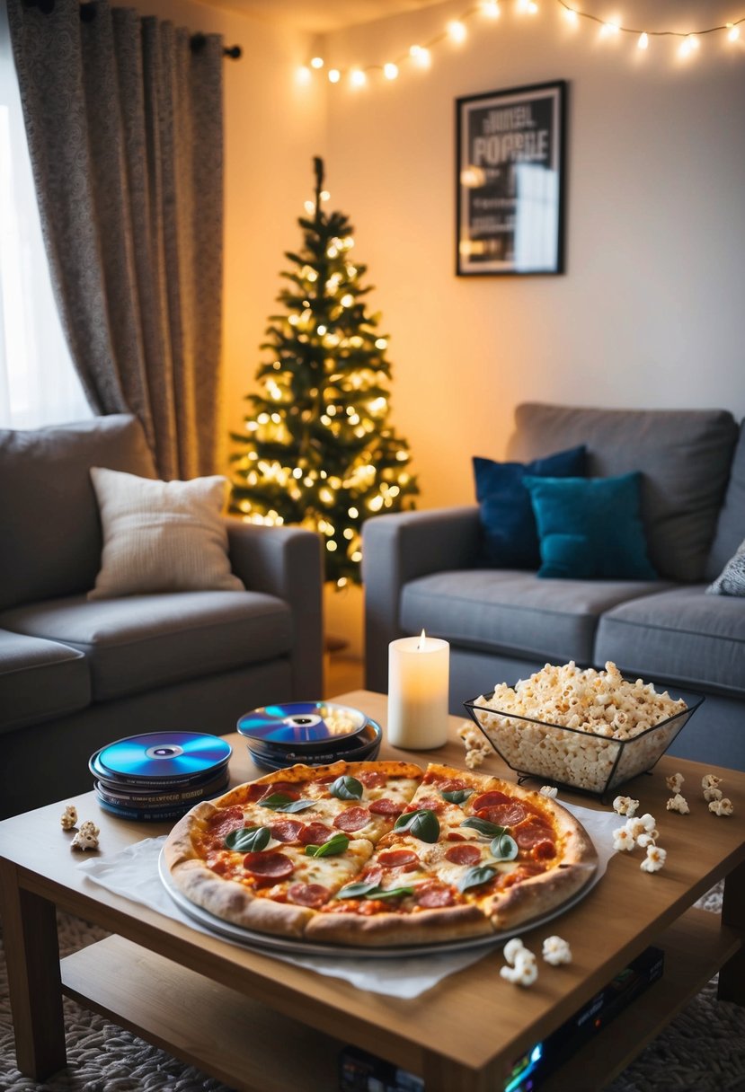 A cozy living room with a large pizza spread on a coffee table, surrounded by movie DVDs and popcorn. Fairy lights and candles create a warm, intimate atmosphere