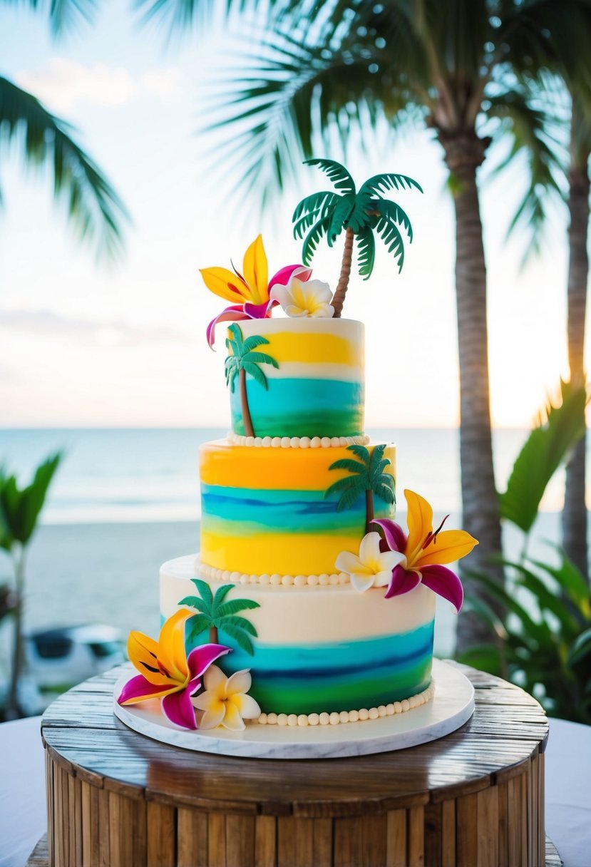 A two-tiered wedding cake with tropical paradise theme, featuring palm trees, exotic flowers, and vibrant colors