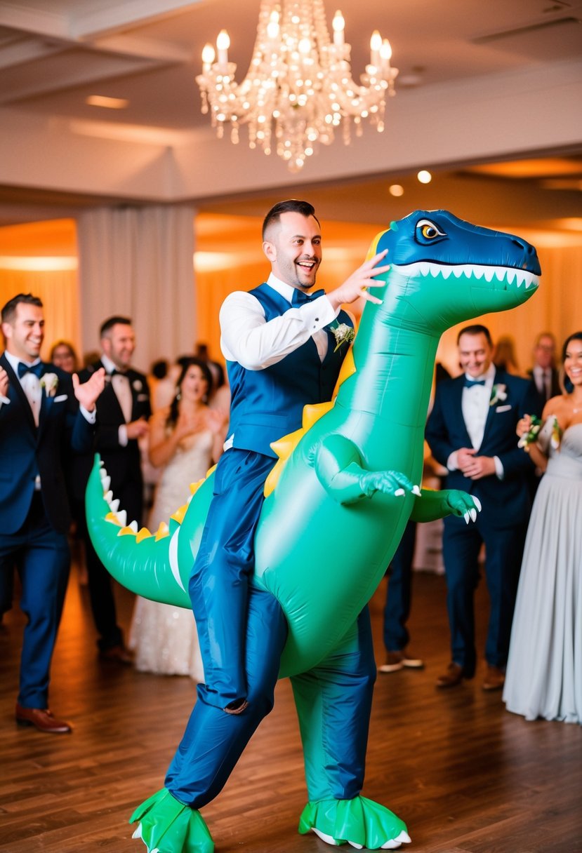 A groom in an inflatable dinosaur costume dancing at a wedding reception