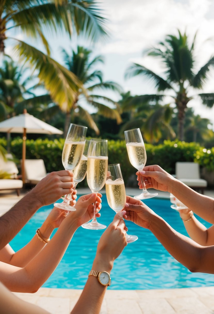 A group of friends raise champagne glasses in a tropical resort, surrounded by palm trees and a sparkling pool