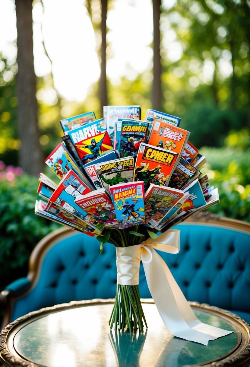 A wedding bouquet made of colorful comic books, tied with a satin ribbon, placed on a vintage table