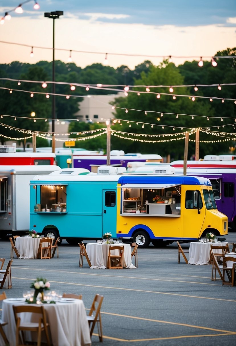 A group of colorful food trucks line up in a courthouse parking lot, with tables and string lights set up for a festive reception