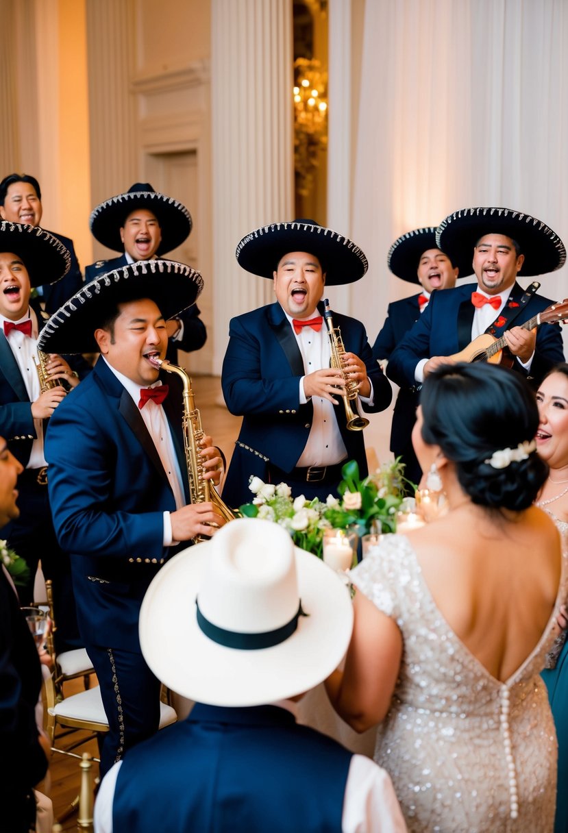 A mariachi band suddenly appears at the reception, playing lively music amidst the surprised and delighted guests