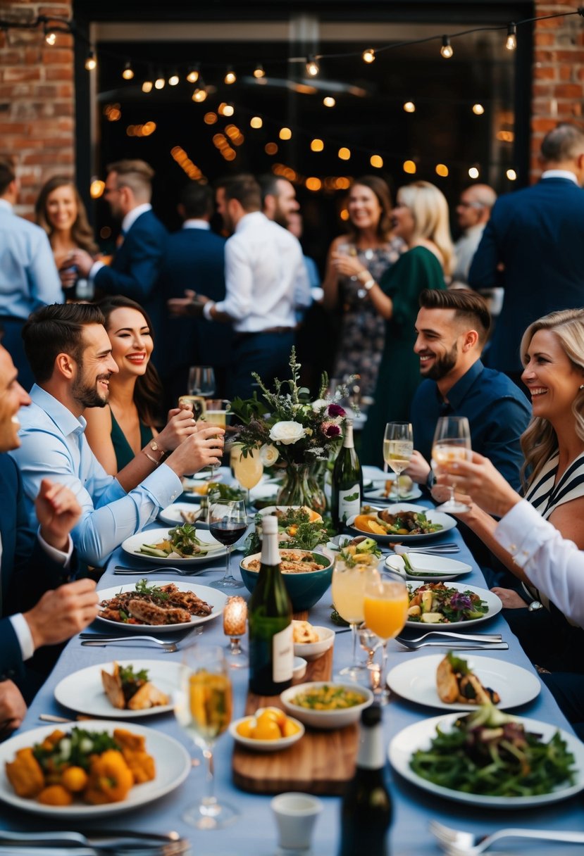 A table set with various dishes and drinks, guests mingling and laughing, a cozy and celebratory atmosphere