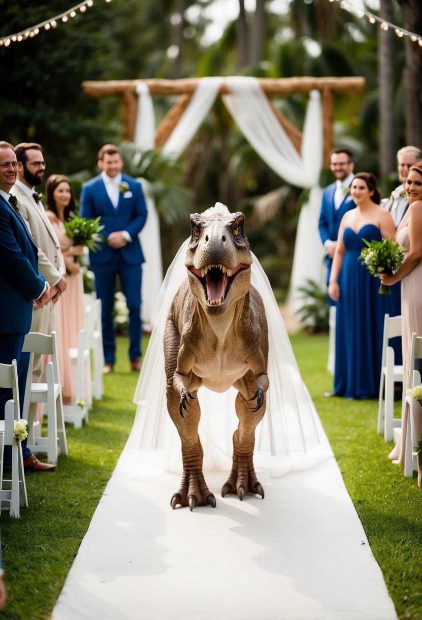 A T-Rex wearing a veil walks down the aisle to the Jurassic Park theme, surrounded by dinosaur guests