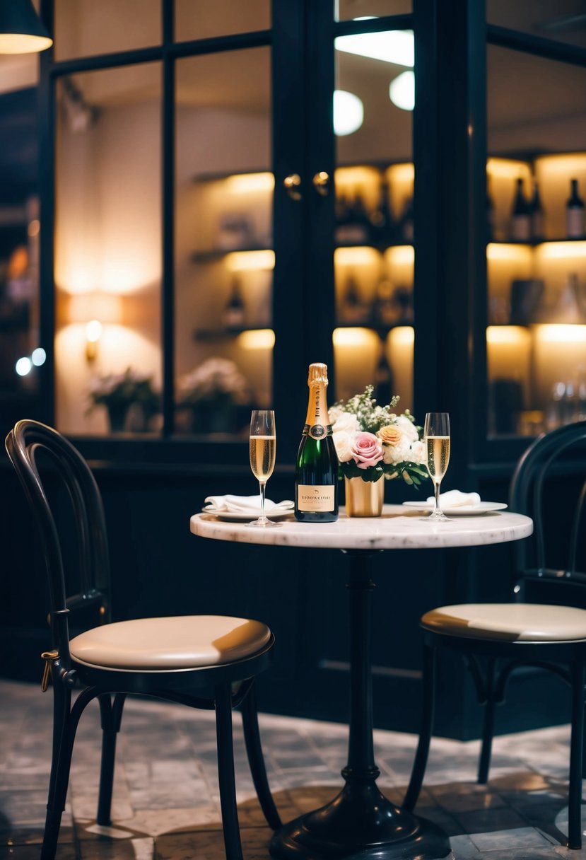 A cozy bistro with dim lighting, a small table set for two, a bouquet of flowers, and a bottle of champagne on ice