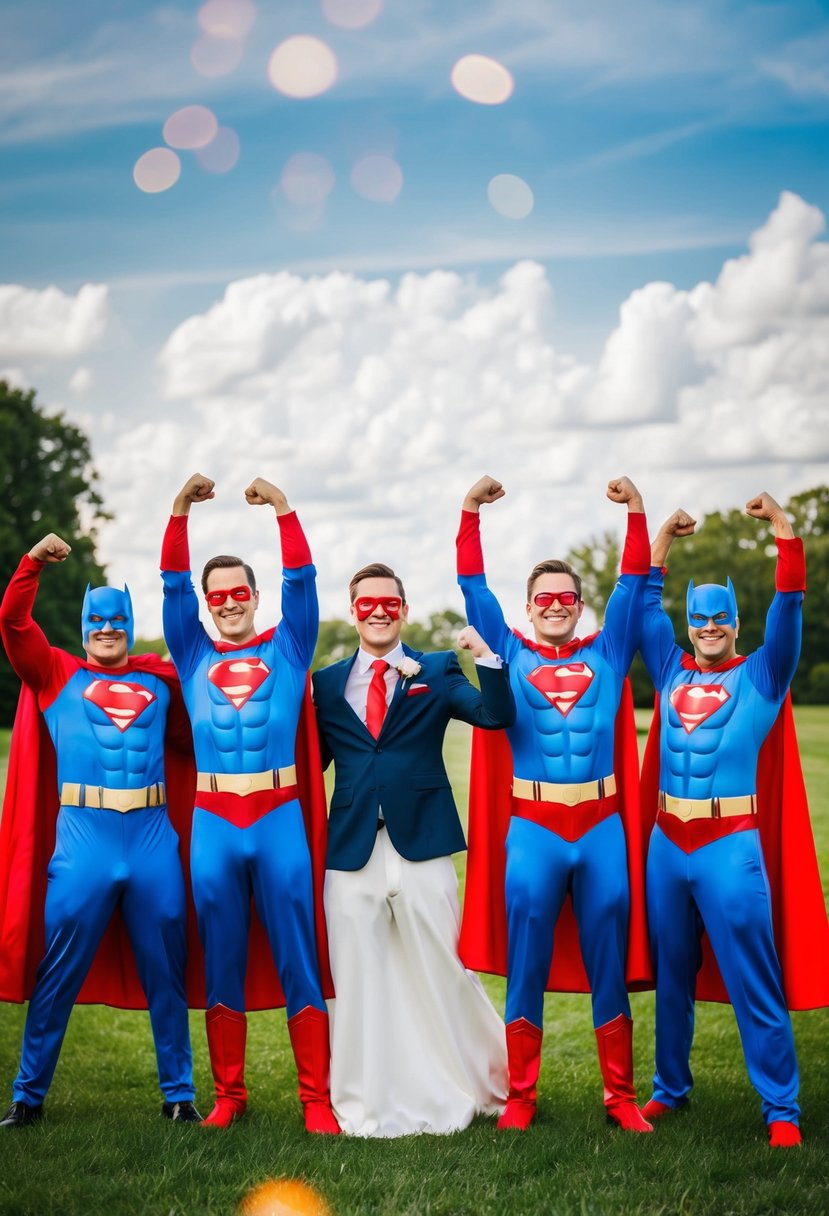 Groomsmen in superhero costumes at a wedding, striking funny poses