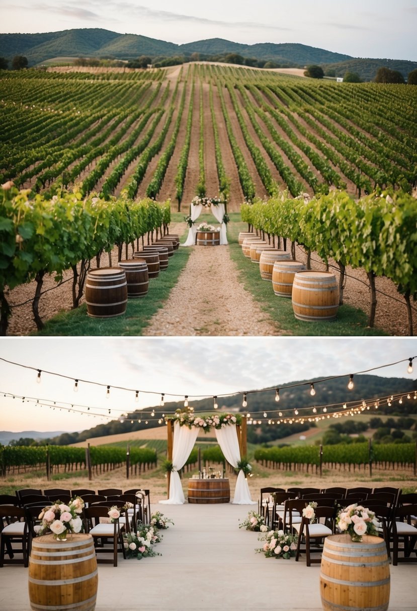 A rustic vineyard with rolling hills, rows of grapevines, and a charming reception area set up with wine barrels, string lights, and floral arrangements