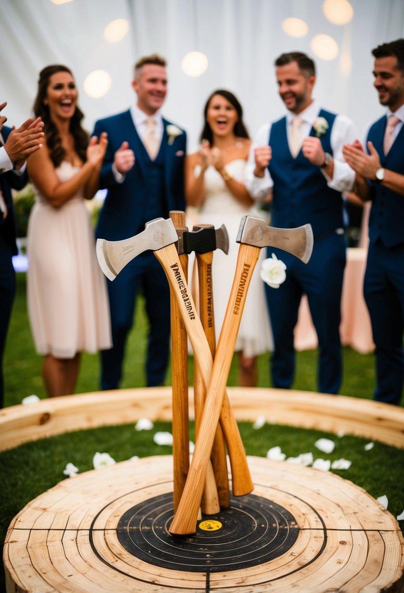 A group of axes stuck in a wooden target at a wedding reception, surrounded by cheering guests