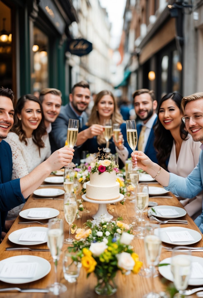 A cozy café with a table set for a celebratory brunch, adorned with flowers and champagne. A small wedding cake sits in the center, surrounded by cheerful guests