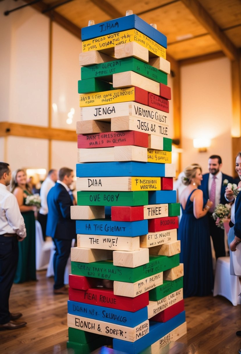 A towering Giant Jenga game adorned with colorful wedding guest messages, adding a playful touch to the celebration