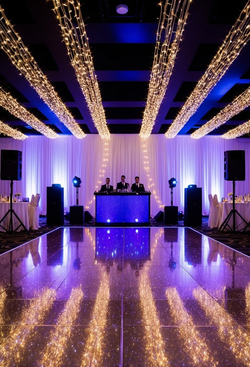 A sparkling dance floor surrounded by twinkling lights and vibrant music, with a DJ booth at the center, creating a lively atmosphere for a post-courthouse wedding celebration