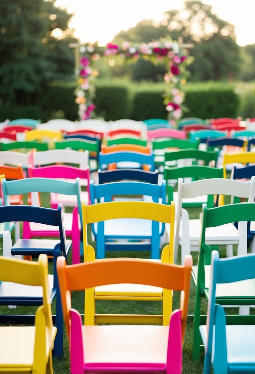 A colorful array of mismatched chairs arranged in a whimsical pattern for a bring-your-own-chair wedding ceremony