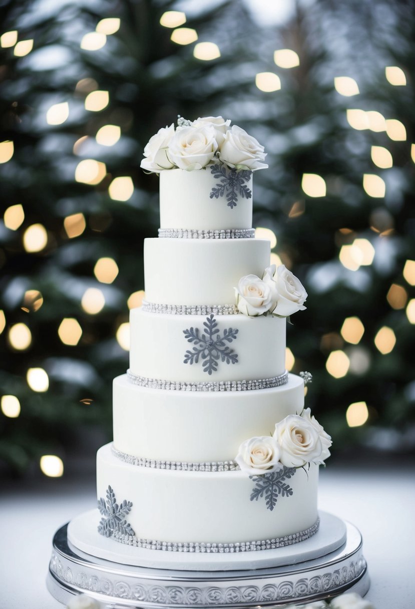 A three-tiered white wedding cake adorned with silver snowflakes and delicate white roses, set against a backdrop of snowy pine trees and twinkling lights