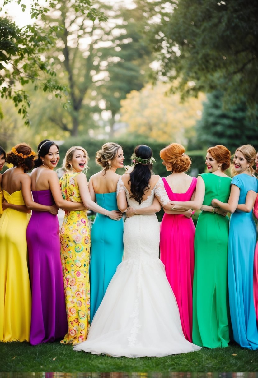 Mismatched bridesmaid dresses in bright colors, patterns, and lengths, creating a whimsical and playful atmosphere at the wedding