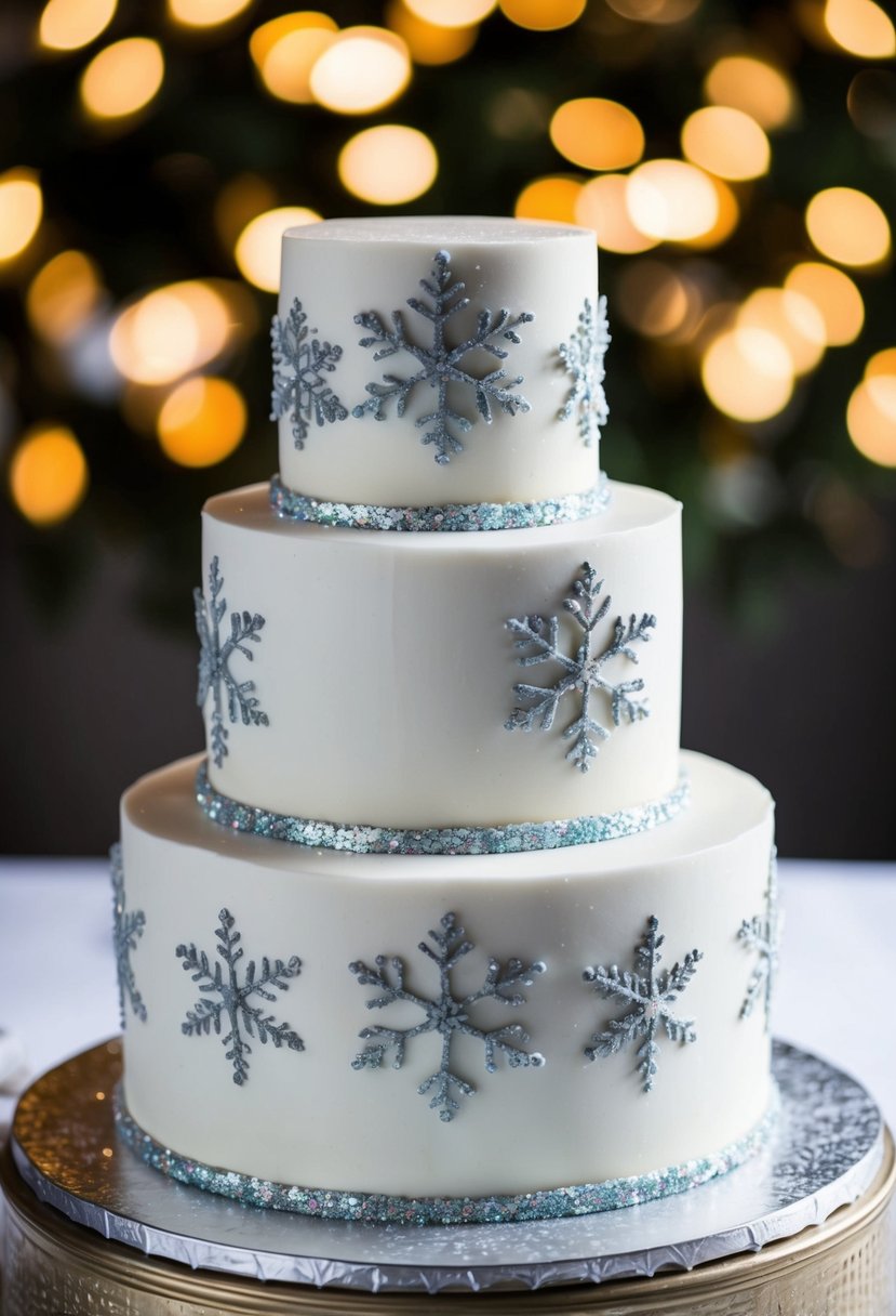 A three-tiered cake covered in white fondant, adorned with intricate snowflake designs and shimmering edible glitter