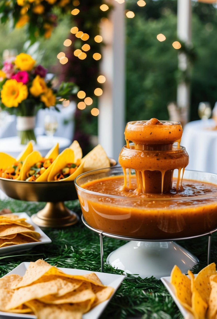 A festive self-serve taco bar with a salsa fountain at a wedding reception