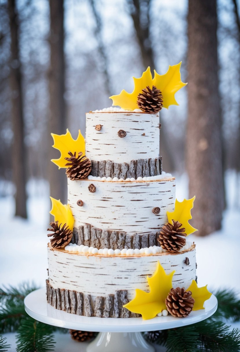 A three-tiered cake with birch tree bark texture, adorned with edible fondant leaves and pinecones, set against a snowy woodland backdrop