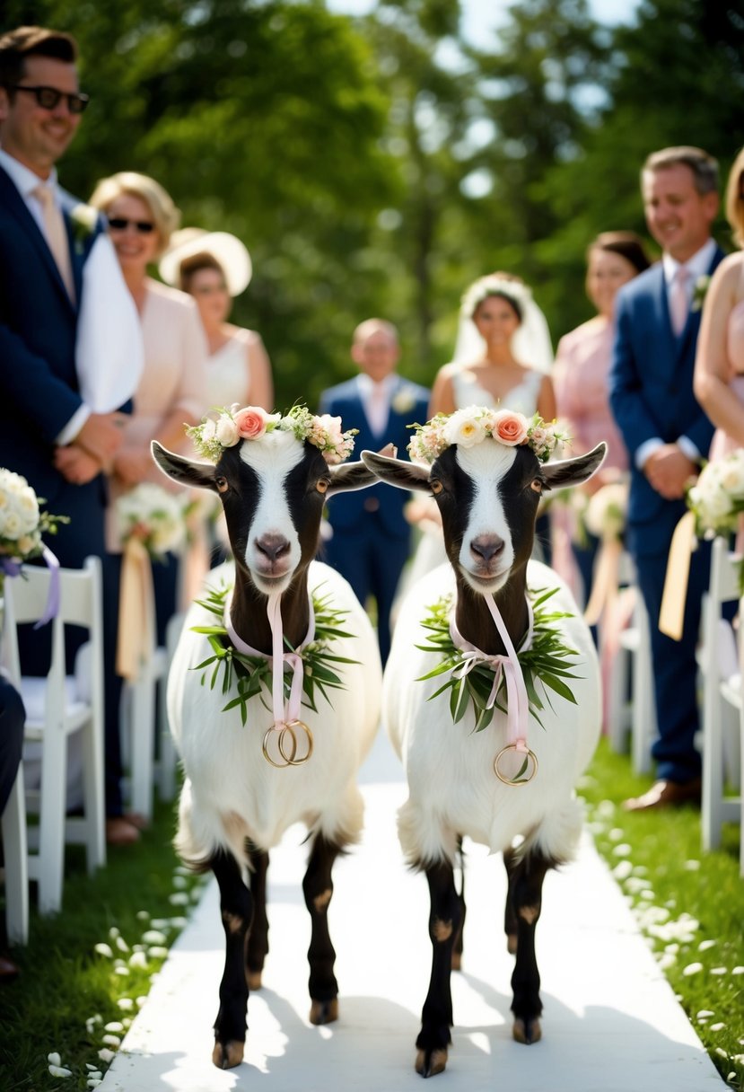 Two goats adorned with flower crowns and ribbons walk down the aisle with rings tied to their collars, bringing laughter to the wedding guests