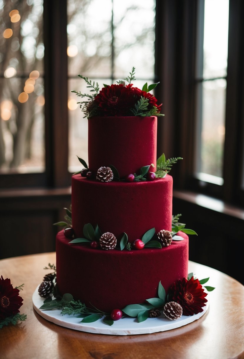 A three-tiered cranberry red velvet cake adorned with winter foliage and deep red flowers