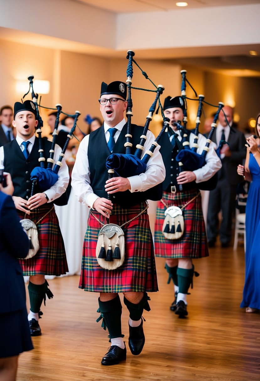 Bagpipers in colorful kilts playing at a wedding reception, surprising the guests with lively music and adding a touch of humor to the celebration