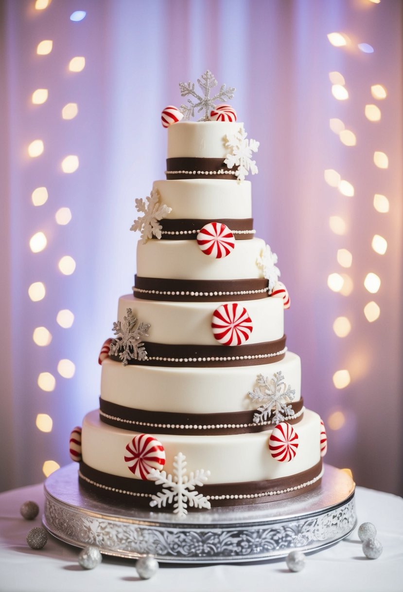 A tall, three-tiered wedding cake, adorned with peppermint and chocolate swirls, surrounded by delicate snowflake decorations and shimmering silver accents