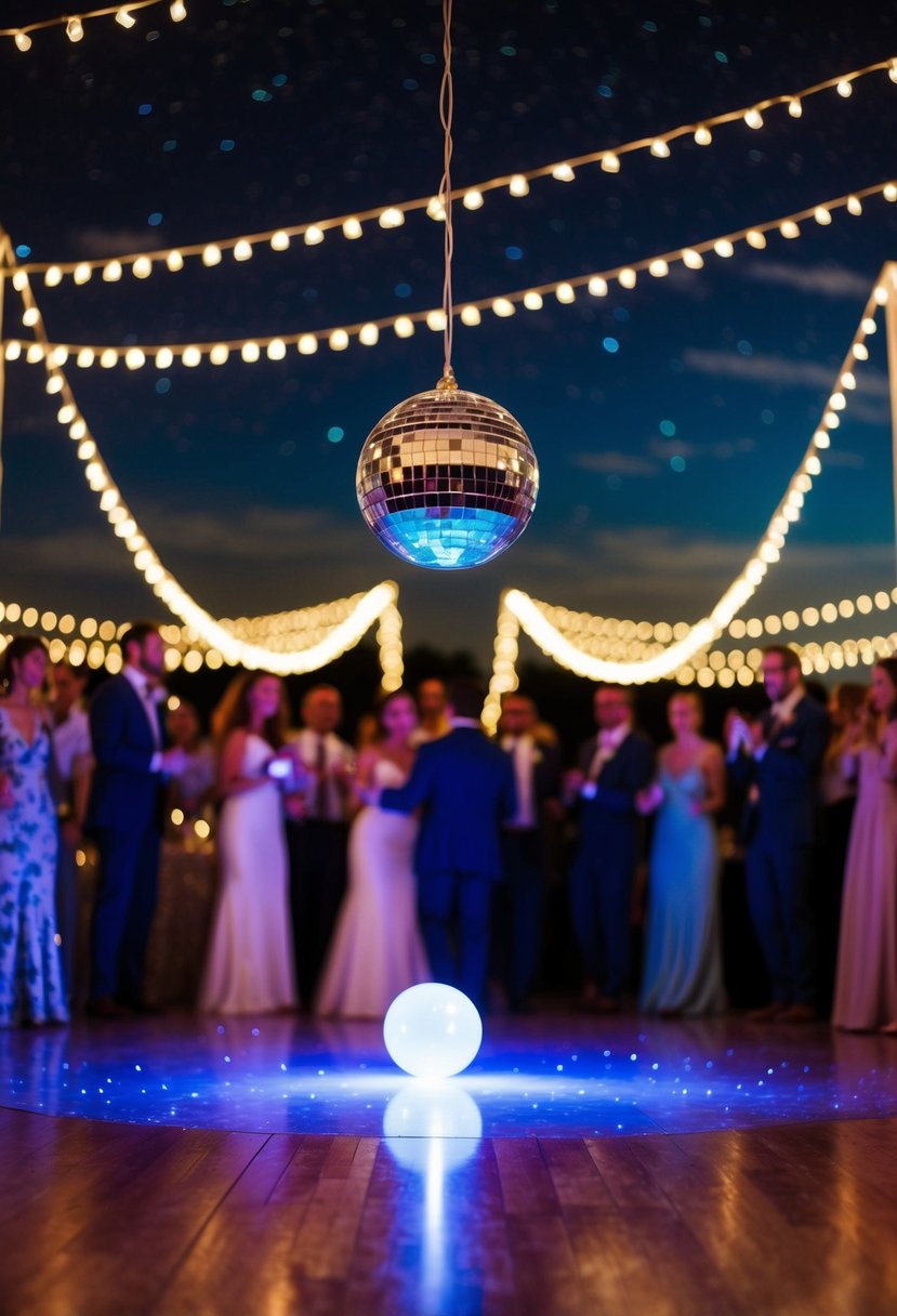 A lively dance floor illuminated by a disco ball, set under a starry night sky for a whimsical wedding celebration