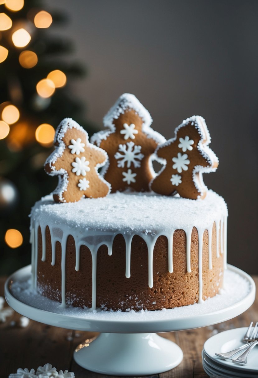 A snow-covered gingerbread cake adorned with icy decorations