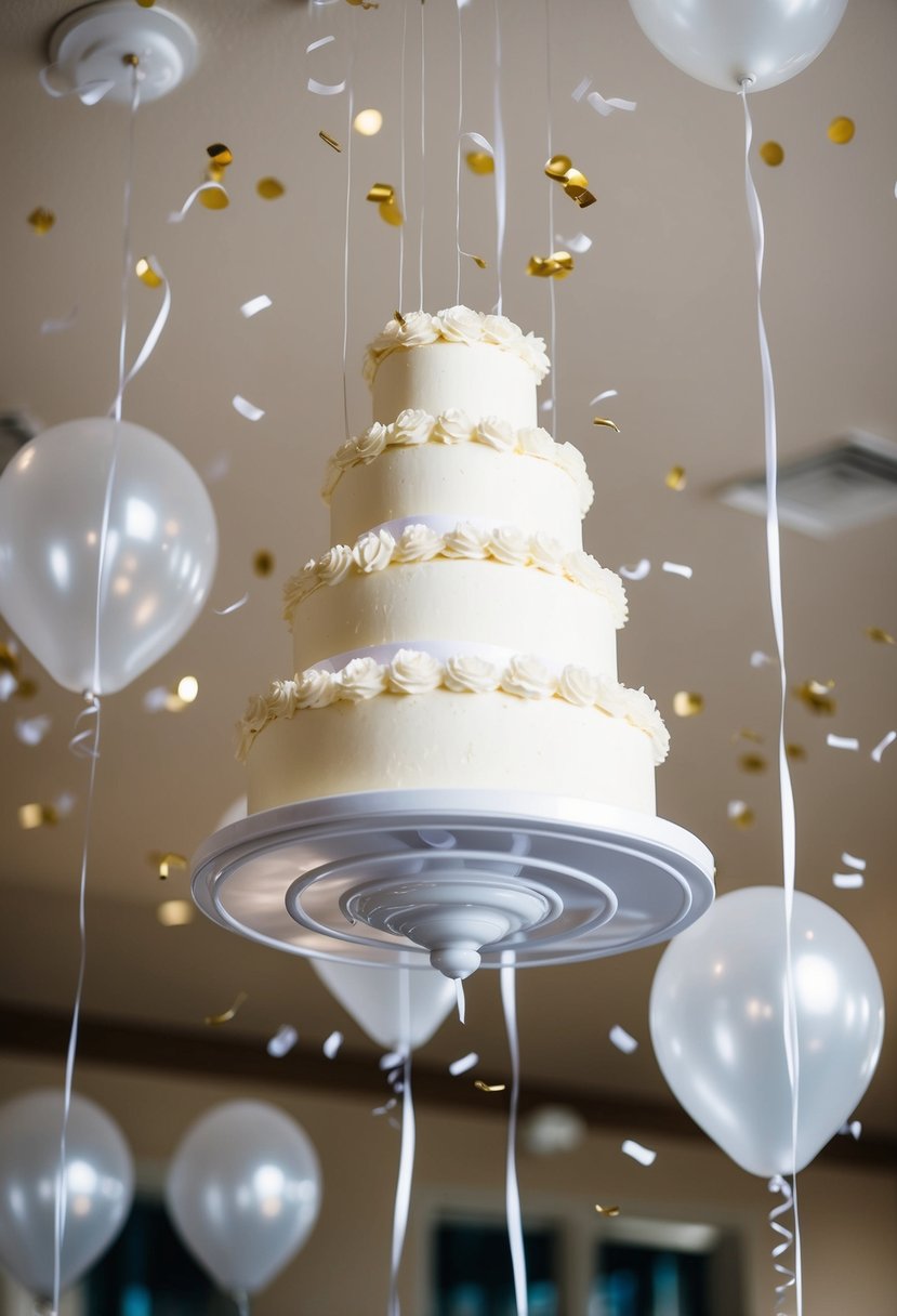 An upside-down wedding cake suspended from the ceiling, surrounded by floating balloons and confetti