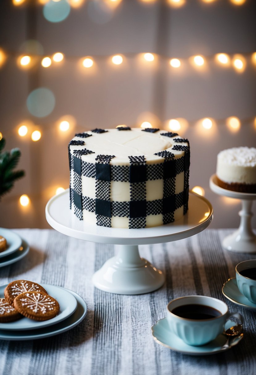 A chic plaid pattern cake displayed on a winter-themed dessert table